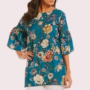 Bryn Walker Diego Teal Blue Floral Women's Tunic Blouse Sz M Bell Sleeves
